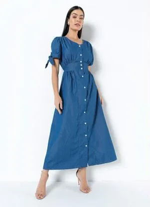 bonprix - Vestido Sarja Mangas com Amarração Azul Médio - BONPRIX