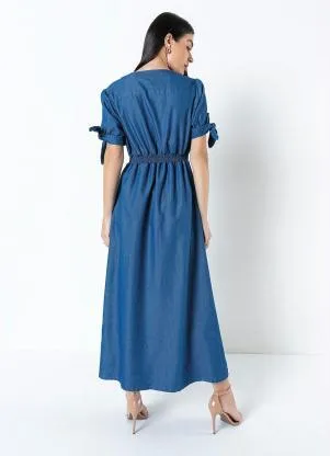 bonprix - Vestido Sarja Mangas com Amarração Azul Médio - BONPRIX