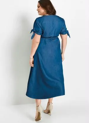 bonprix - Vestido Sarja Mangas com Amarração Azul Médio - BONPRIX