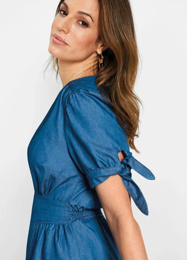 bonprix - Vestido Sarja Mangas com Amarração Azul Médio 4