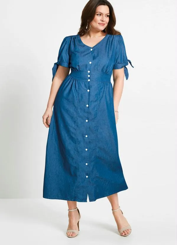 bonprix - Vestido Sarja Mangas com Amarração Azul Médio 5