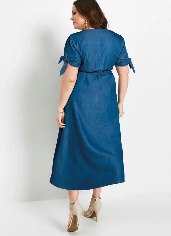 bonprix - Vestido Sarja Mangas com Amarração Azul Médio 6