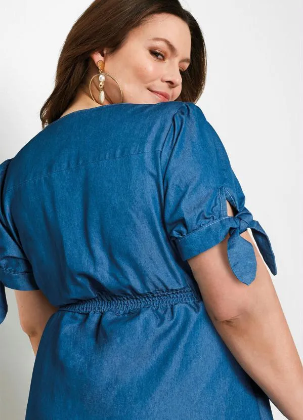 bonprix - Vestido Sarja Mangas com Amarração Azul Médio 7