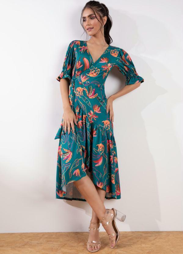 Quintess - Vestido Selva Verde Transpassado com Babado