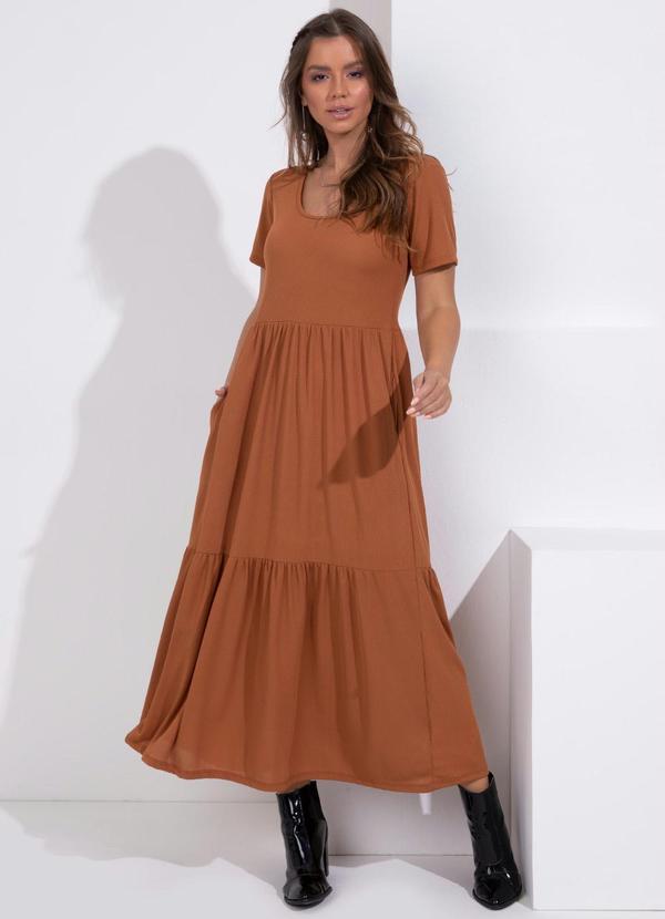 Quintess - Vestido Soltinho em Camadas com Bolsos Caramelo 2