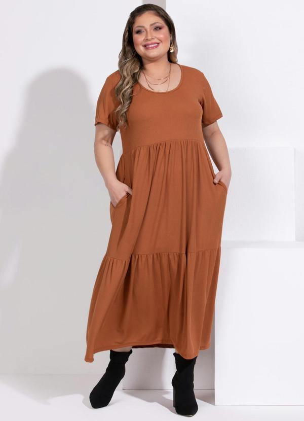 Quintess - Vestido Soltinho em Camadas com Bolsos Caramelo 5