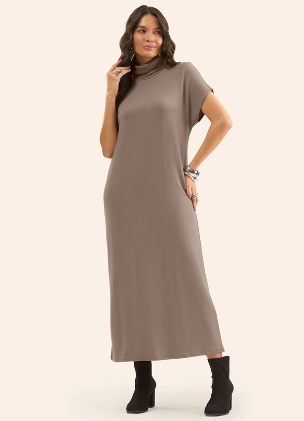 Rovitex - Vestido Super Midi com Gola Alta Marrom