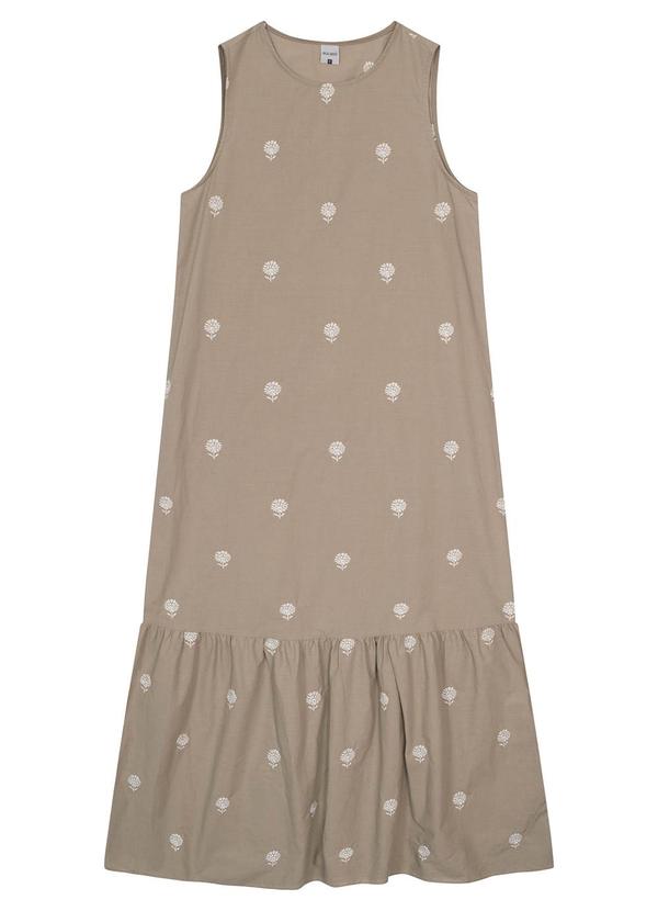 Malwee - Vestido Taupe Mídi Bordado Floral