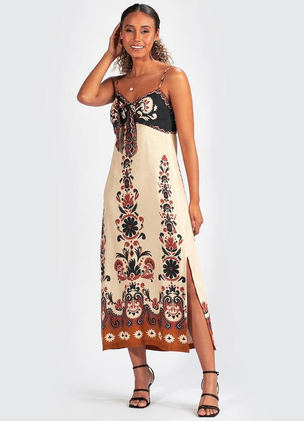 Farm - Vestido Tecido Tapete de Flor Bege