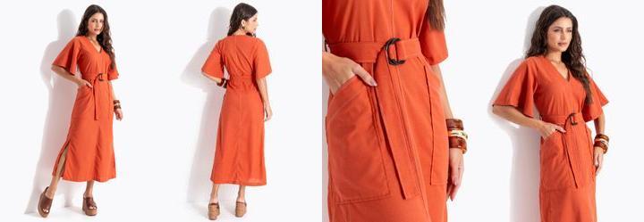 Vestido Telha em Linho com Viscose