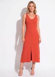 Vestido Telha Midi sem Mangas com Bot�es
