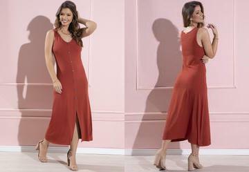 Vestido Telha Midi sem Mangas com Botes