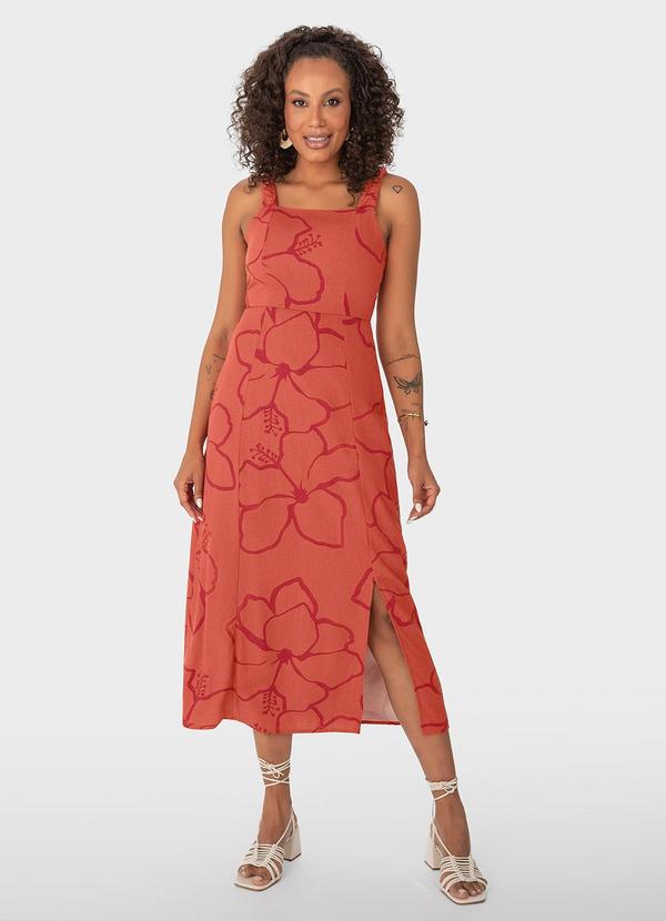 Malwee - Vestido Terracota Evasê Mídi Lírios