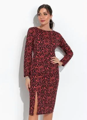 Moda Pop - Vestido Tigre Vermelho com Mangas Longas e Fenda - MODA POP