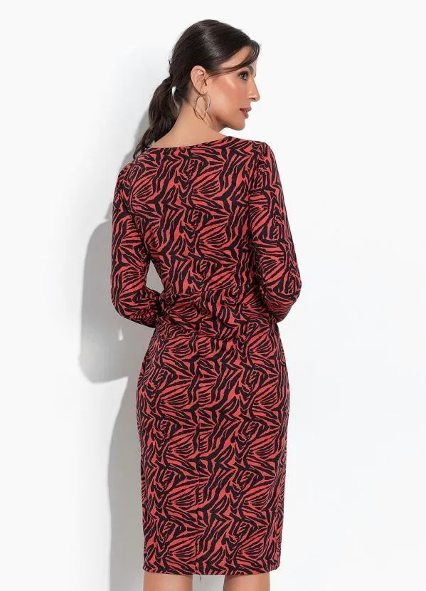 Moda Pop - Vestido Tigre Vermelho com Mangas Longas e Fenda 2