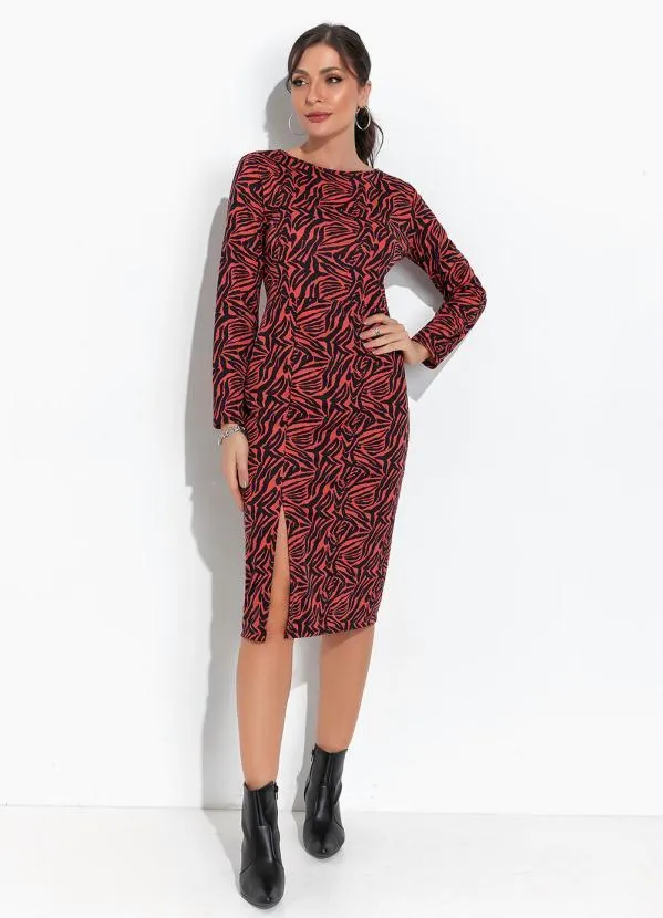Moda Pop - Vestido Tigre Vermelho com Mangas Longas e Fenda 3