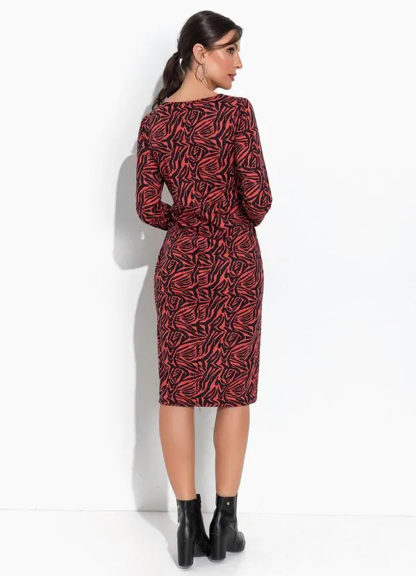 Moda Pop - Vestido Tigre Vermelho com Mangas Longas e Fenda 4