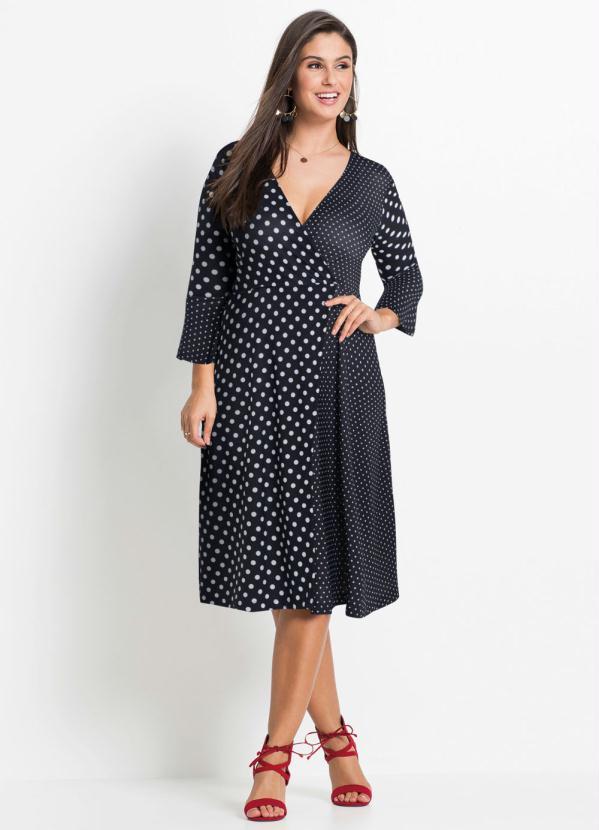 bonprix - Vestido Transpassado com Babado Poá Preto 10