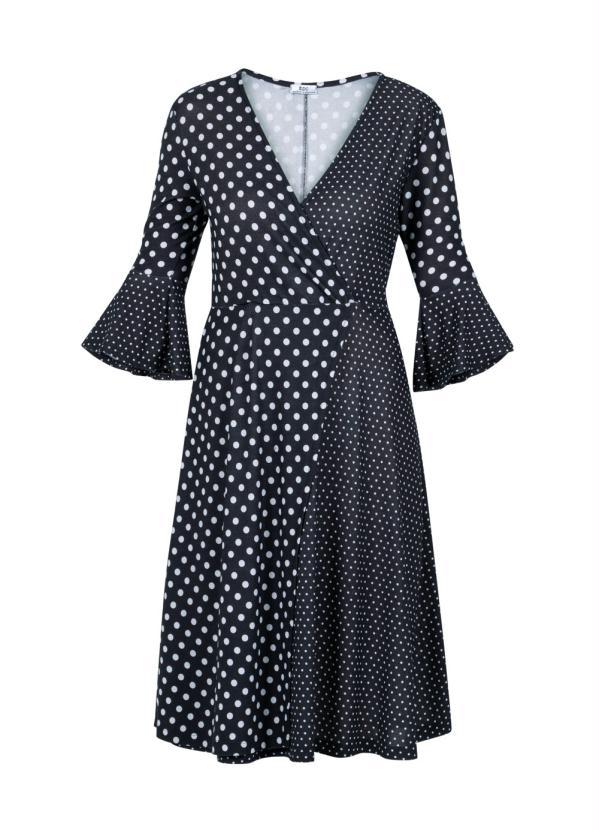 bonprix - Vestido Transpassado com Babado Poá Preto 12