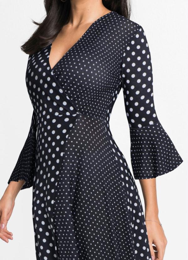 bonprix - Vestido Transpassado com Babado Poá Preto 3