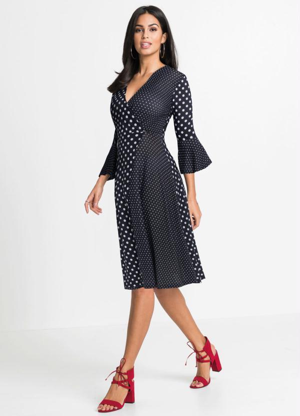 bonprix - Vestido Transpassado com Babado Poá Preto 4