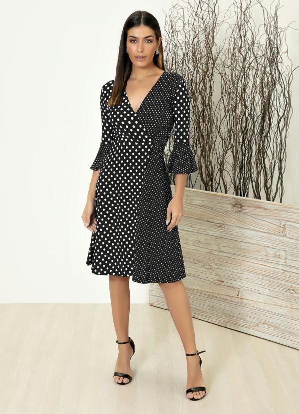 bonprix - Vestido Transpassado com Babado Poá Preto 7