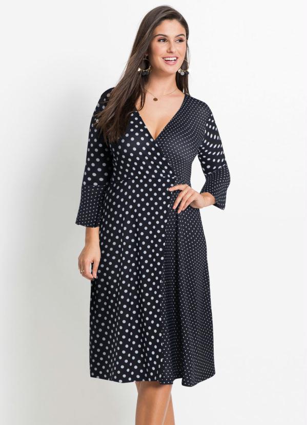 bonprix - Vestido Transpassado com Babado Poá Preto 8