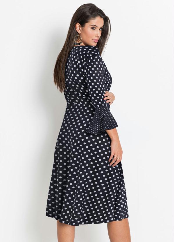 bonprix - Vestido Transpassado com Babado Poá Preto 9