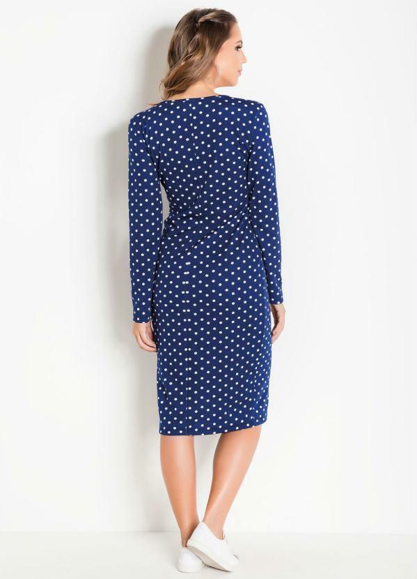 Moda Pop - Vestido Transpassado com Mangas Longas Poá Azul 10