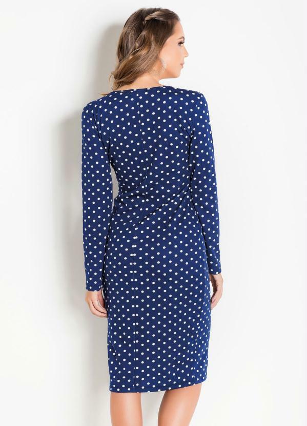 Moda Pop - Vestido Transpassado com Mangas Longas Poá Azul 3