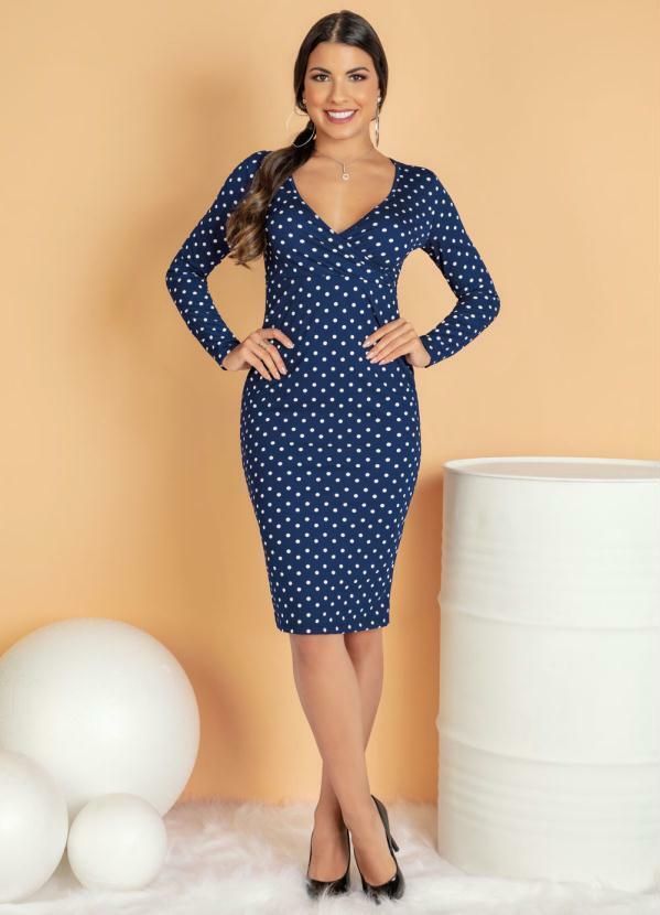 Moda Pop - Vestido Transpassado com Mangas Longas Poá Azul 7