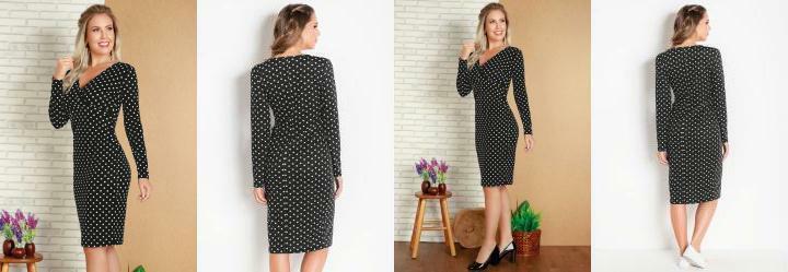 Vestido Transpassado com Mangas Longas Po Preto