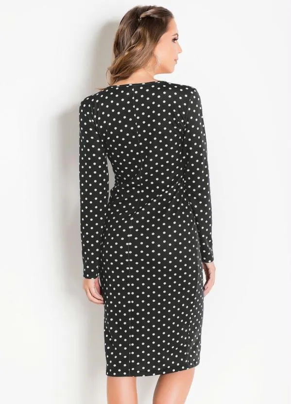 Moda Pop - Vestido Transpassado com Mangas Longas Poá Preto 2