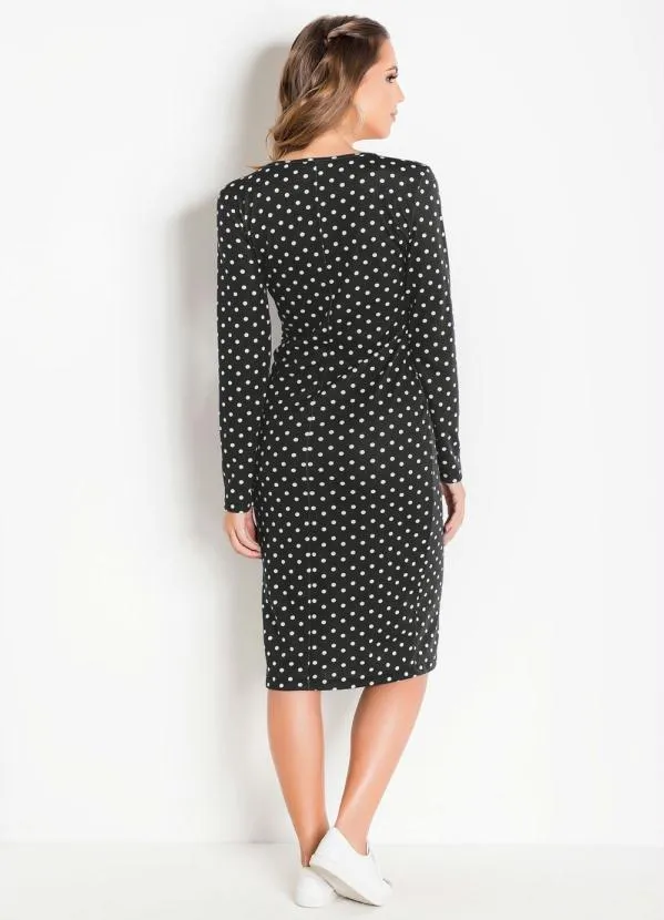 Moda Pop - Vestido Transpassado com Mangas Longas Poá Preto 5