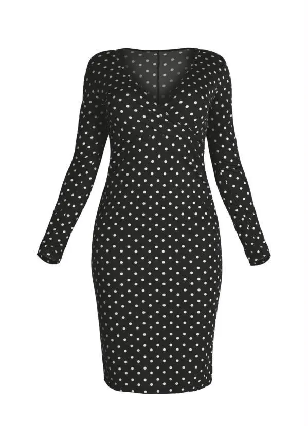 Moda Pop - Vestido Transpassado com Mangas Longas Poá Preto 7