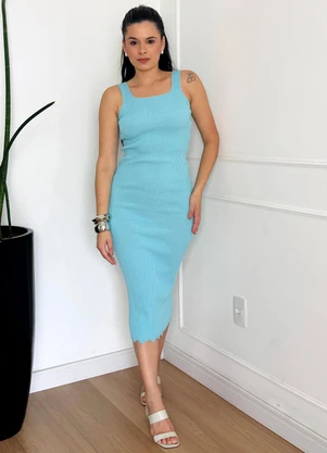 Doce Tom - Vestido Tricot Canelado Midi com Fenda Azul - DOCE TOM