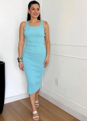 Doce Tom - Vestido Tricot Canelado Midi com Fenda Azul - DOCE TOM