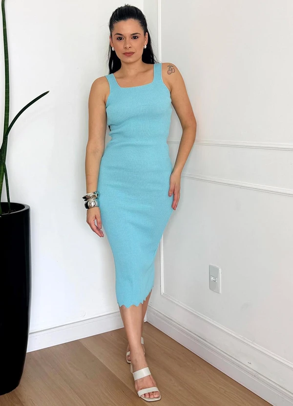Doce Tom - Vestido Tricot Canelado Midi com Fenda Azul