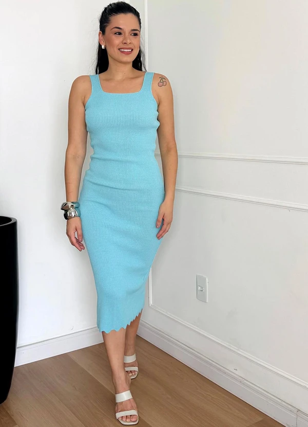 Doce Tom - Vestido Tricot Canelado Midi com Fenda Azul 2