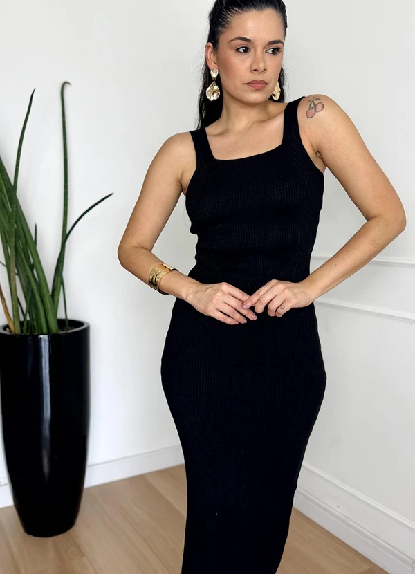 Doce Tom - Vestido Tricot Canelado Midi com Fenda Preto 3