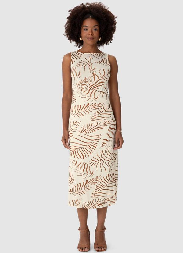 Malwee - Vestido Tropical Midi Assimétrico Bege