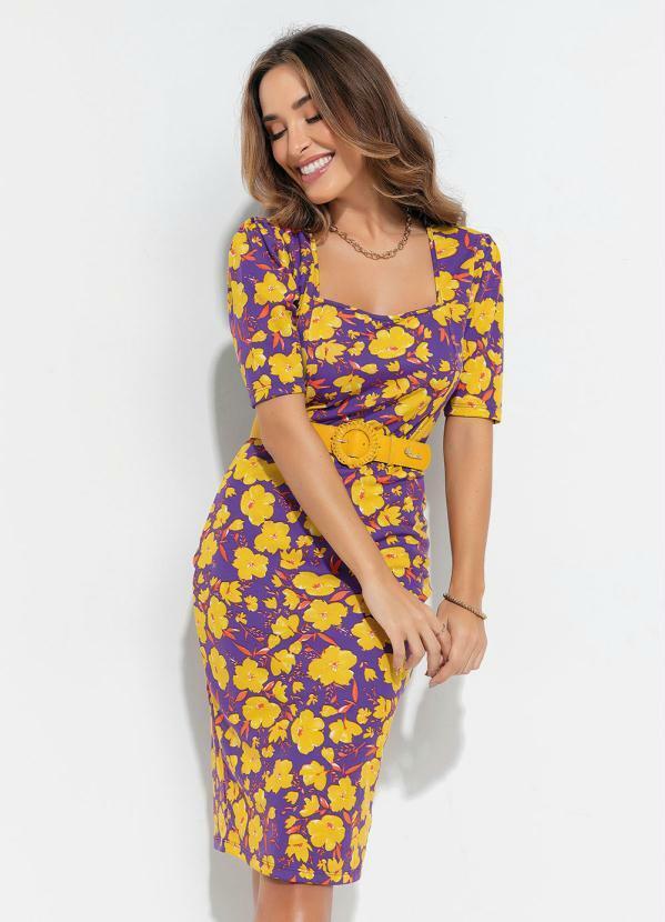 Outlet - Vestido Tubinho Floral Roxa Moda Evangélica 2