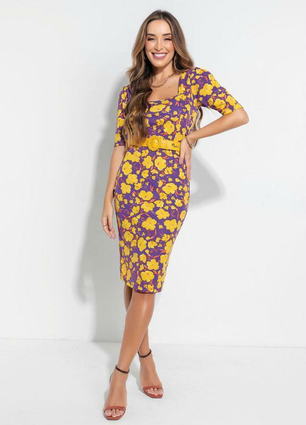 Outlet - Vestido Tubinho Floral Roxa Moda Evangélica 4