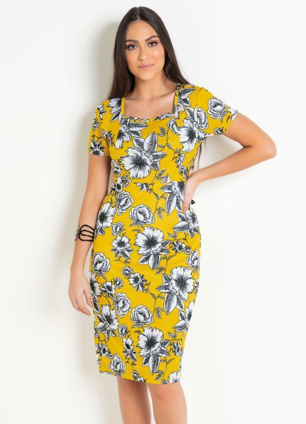 Rosalie - Vestido Tubinho Moda Evangélica Floral Amarelo