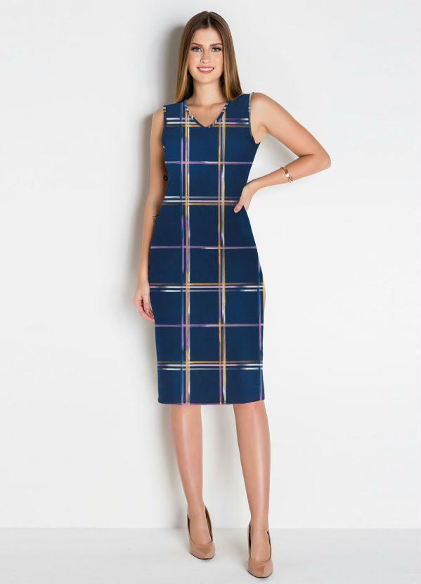 Outlet - Vestido Tubinho Xadrez Azul Moda Evangélica