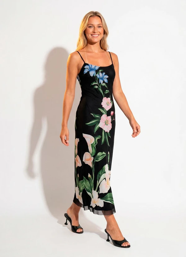 Farm - Vestido Tule Ombro Só Céu de Flor Preto