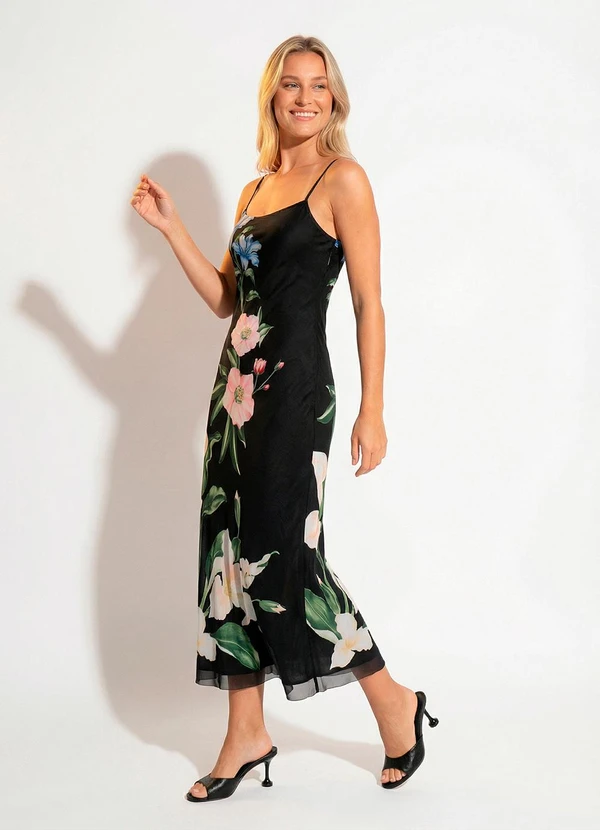 Farm - Vestido Tule Ombro Só Céu de Flor Preto 3