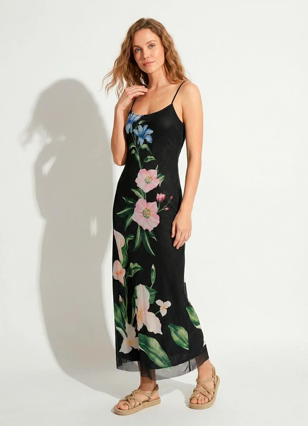 Farm - Vestido Tule Ombro Só Céu de Flor Preto 4