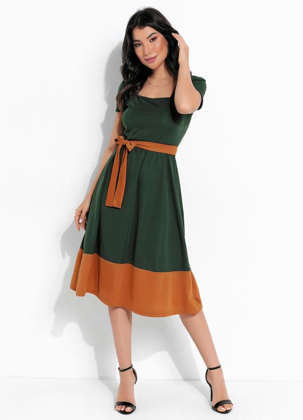 Rosalie - Vestido Verde/Caramelo com Faixa Moda Evangélica 3