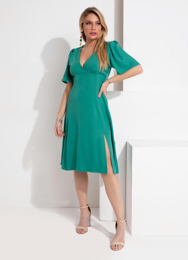 Outlet - Vestido Verde Decote Transpassado e Fendas 4